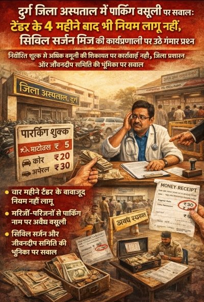 दुर्ग जिला अस्पताल में पार्किंग वसूली पर सवाल: टेंडर के 4 महीने बाद भी नियम लागू नहीं, सिविल सर्जन मिंज की कार्यप्रणाली पर उठे गंभीर प्रश्न