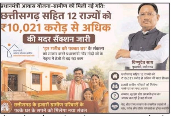 प्रधानमंत्री आवास योजना-ग्रामीण को मिली नई गति : छत्तीसगढ़ सहित 12 राज्यों को ₹10,021 करोड़ से अधिक की मदर सैंक्शन जारी