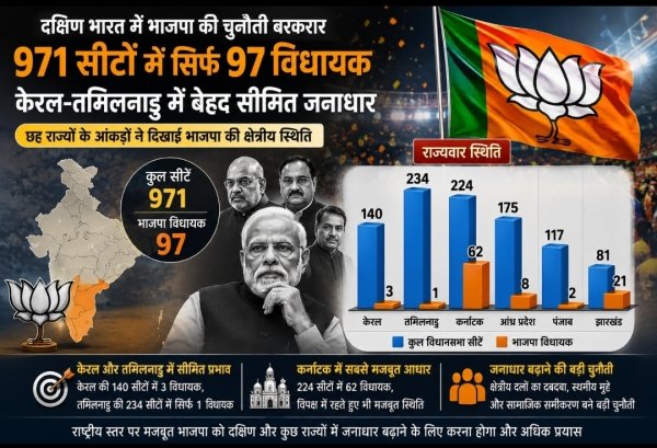 दक्षिण भारत में भाजपा की चुनौती बरकरार: 971 सीटों में सिर्फ 97 विधायक, केरल-तमिलनाडु में बेहद सीमित जनाधार