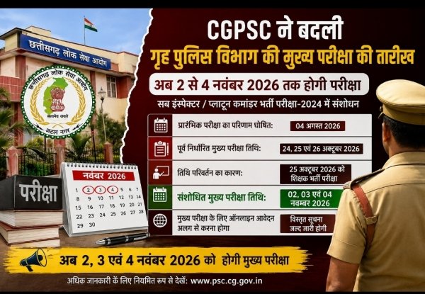 CGPSC ने बदली गृह पुलिस विभाग की मुख्य परीक्षा की तारीख, अब 2 से 4 नवंबर तक होगी परीक्षा